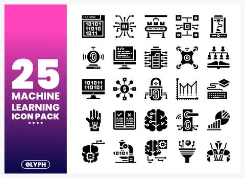 Machine learning glyph icon set with AI. data. and technology concepts on w.. Stock Illustration
