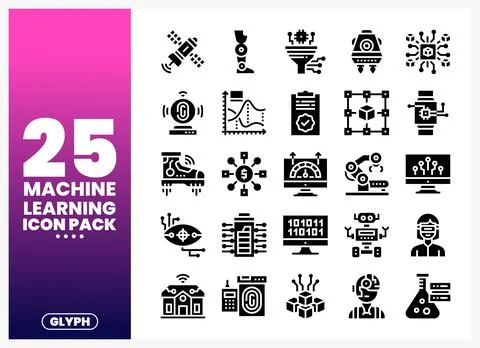 Machine learning glyph icon set with satellite. robot arm. and binary code Stock Illustration
