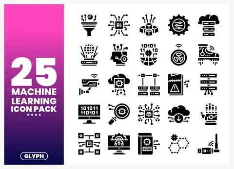 Machine learning glyph icons in a flat design. Stock Illustration