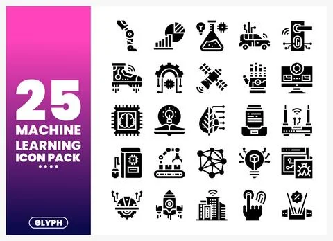 Machine learning glyph icons pack with technology and data elements on a wh.. Illustration