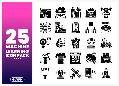 Machine Learning Glyph Icons Pack on White Background イラスト素材
