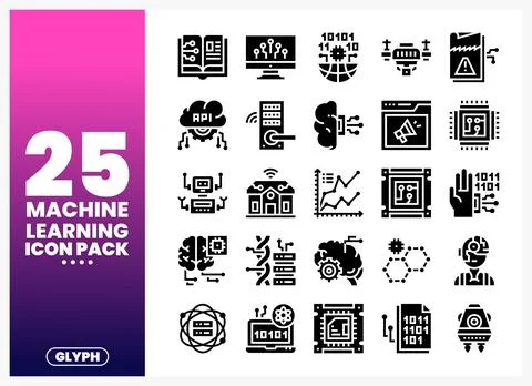 Machine Learning Glyph Icons Pack with AI and Tech Symbols Иллюстрация