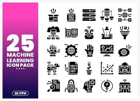 Machine Learning Glyph Icons Pack on Gradient Background Stock Illustration