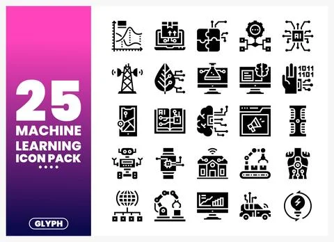Machine Learning Glyph Icons Pack on White Background Stock Illustration