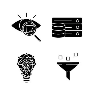 Machine learning glyph icons set Stock Illustration