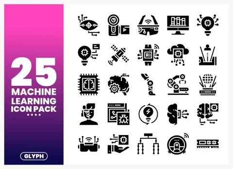 Machine learning glyph icons set on a white background 库存插图