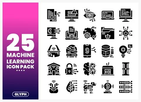 Machine learning glyph icons with technology and AI themes Иллюстрация