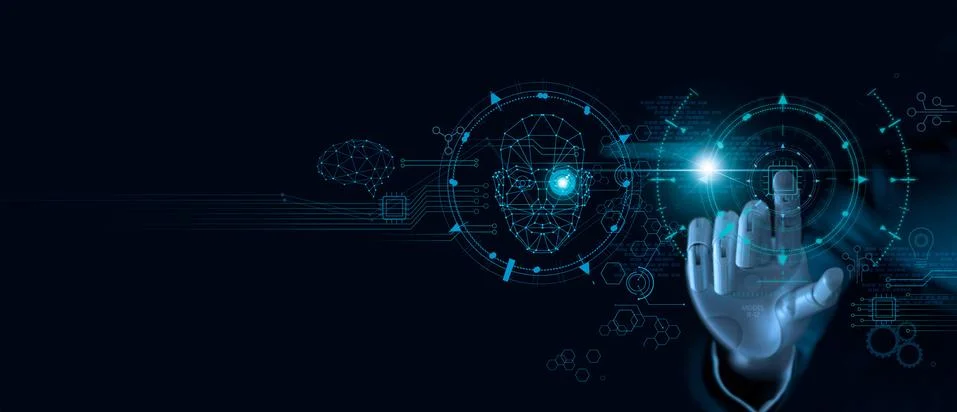 Machine learning. Hand of robot touching on computer chip and binary data. Stock Photos