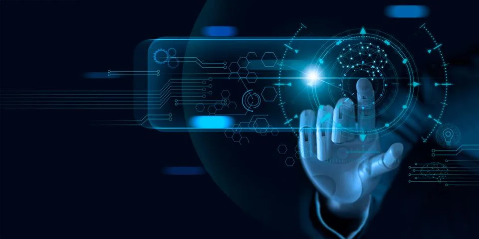 Machine learning. Hand of robot touching on binary data. Futuristic AI. 스톡 사진