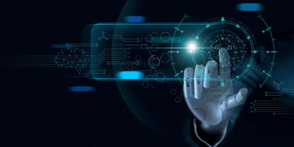 Machine learning. Hand of robots touching on binary data. Futuristic AI Stock Illustration