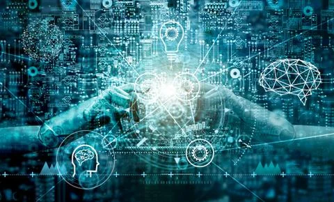 Machine learning. Hand of robots touching on binary data. Futuristic AI Foto stock