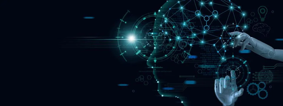 Machine learning. Hand of robots touching on binary data. Futuristic AI Fotos Stock