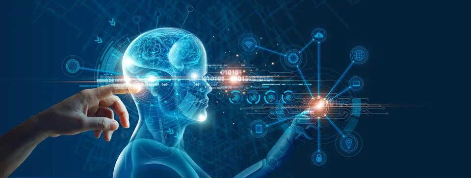 Machine learning. Hand touching a robot on network and binary data 写真素材