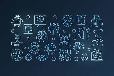 Machine Learning horizontal blue vector banner in line style 스톡 일러스트