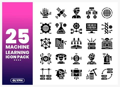 Machine Learning Icon Pack with AI. Data. and Tech Symbols Stock Illustration