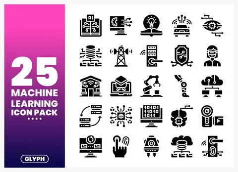Machine Learning Icon Pack with AI. Robotics. and Data elements on white Stock Illustration