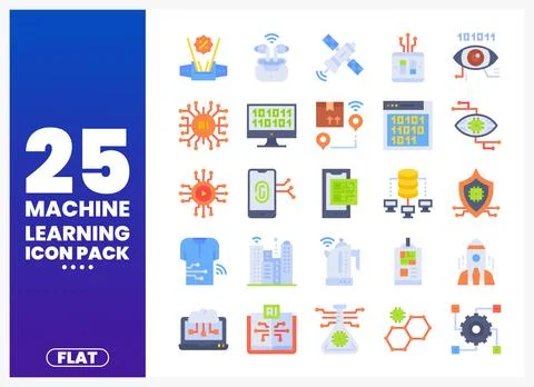 Machine Learning Icon Pack with AI. data. and tech elements on a white back.. Stock Illustration