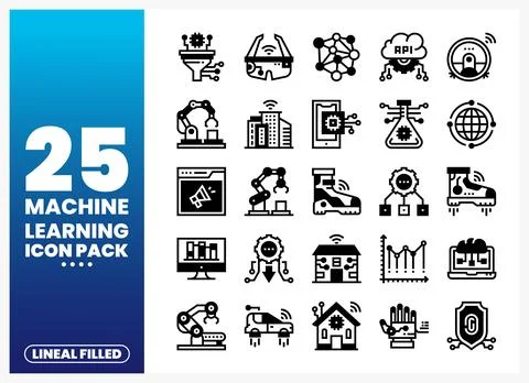 Machine Learning Icon Pack with AI. Robotics. and IoT Symbols Stockillustratie