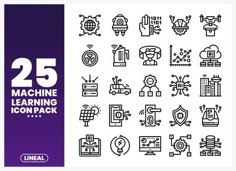 Machine Learning Icon Pack with AI. Data. and Technology Symbols Stock Illustration