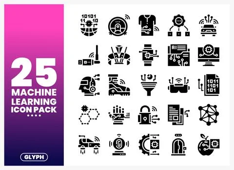 Machine learning icon pack with binary code and technology symbols on white Stock Illustration