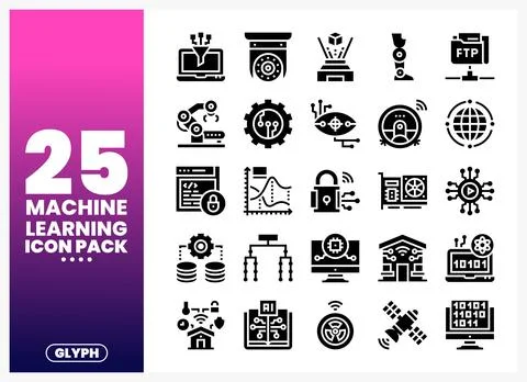 Machine Learning Icon Pack Black Glyph Icons of Technology and Data Stock Illustration