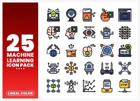 Machine learning icon pack displaying AI. robotics. and data concepts with .. Stock Illustration