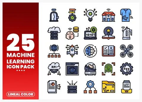 Machine learning icon pack with distinct lineal color symbols on a white ba.. Stock Illustration