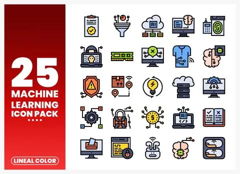 Machine learning icon pack with diverse tech and data representations Stock Illustration