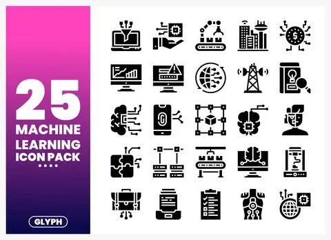 Machine learning icon pack with diverse symbols for technology and data. Illustration