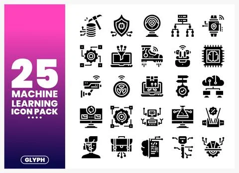 Machine Learning Icon Pack Diverse icons representing AI concepts on a whit.. Stock Illustration