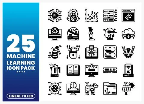 Machine learning icon pack. elements. lineal filled. technology and AI concep 库存插图