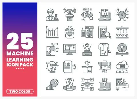 Machine learning icon pack featuring futuristic technology and AI concepts. Stock Illustration