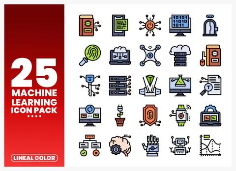 Machine learning icon pack featuring abstract technology graphics on a whit.. Stock Illustration