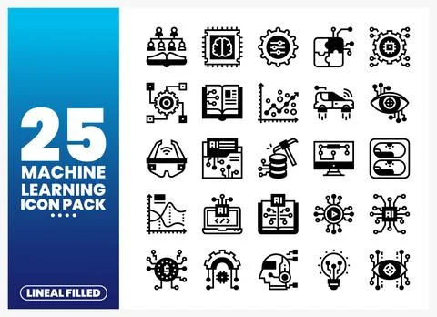 Machine learning icon pack featuring AI. data. and technology symbols in a .. Stockillustratie