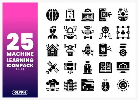 Machine learning icon pack featuring technology and innovation symbols on a.. Stock Illustration