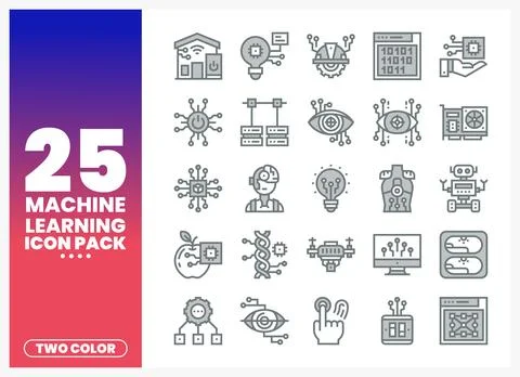 Machine learning icon pack featuring two-color graphic elements on a gradie.. 库存插图