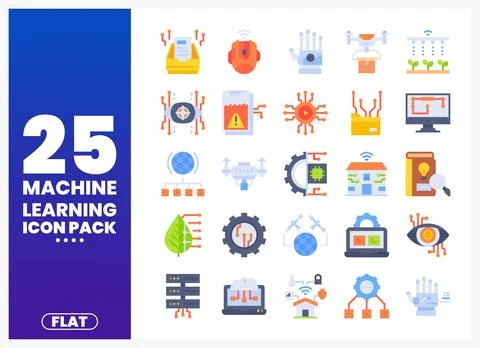 Machine learning icon pack with flat design. Stock Illustration