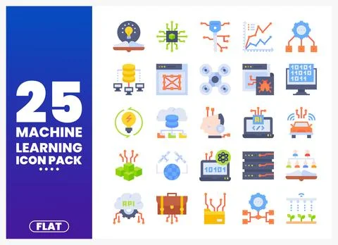 Machine Learning Icon Pack with Flat Icons and Data. AI. and Technology Con.. Stockillustratie