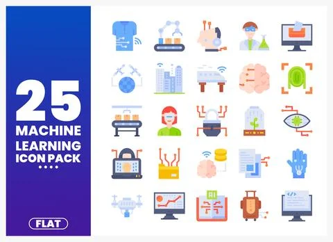 Machine learning icon pack with flat design symbols for technology and AI Stock Illustration