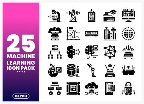 Machine Learning Icon Pack glyphs showcasing AI. data. and technology concept Stock Illustration