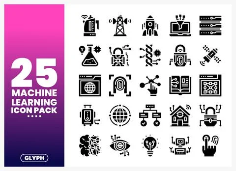 Machine Learning Icon Pack with Glyphs Stock Illustration