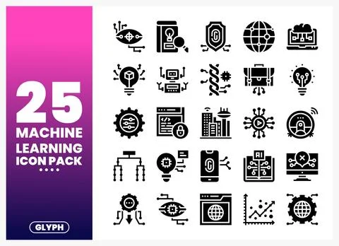 Machine learning icon pack with glyphs for technology and AI Stock Illustration