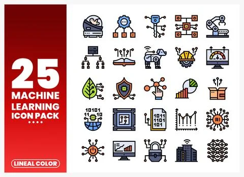 Machine learning icon pack illustrating technology and AI concepts. Various.. Stock Illustration