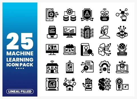 Machine learning icon pack with lineal filled illustrations on white backgr.. Illustration