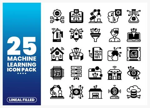 Machine learning icon pack with lineal filled icons for technology and data.. Stock Illustration