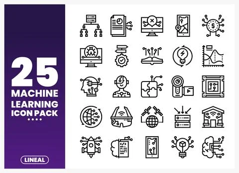 Machine Learning Icon Pack with Lineal Symbols for AI and Technology Projects Stock Illustration