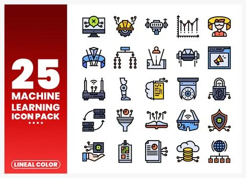 Machine Learning Icon Pack with lineal color illustrations on white backgroun Stock Illustration