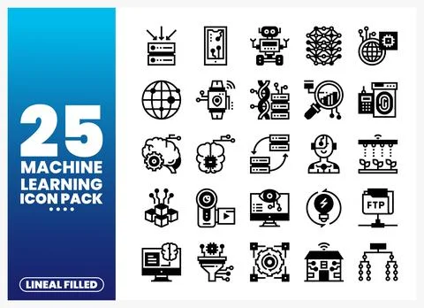 Machine Learning Icon Pack with Lineal Filled Icons 库存插图