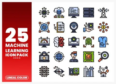 Machine learning icon pack with lineal color graphics for technology and AI. Stock Illustration