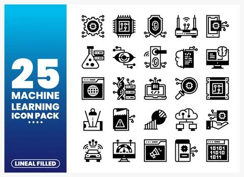 Machine learning icon pack with lineal filled icons for technology and AI Stock Illustration